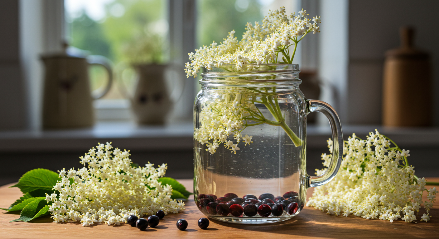 Elderflower cordial and herbs